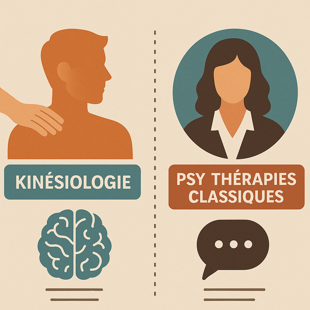 Différences kinésiologie vs psy : illustration corps, cerveau et thérapies classiques.
